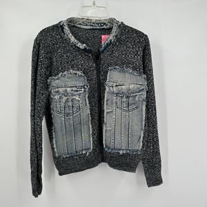 Womens Mixed Media Cardigan‎ Size L Knit Denim Grunge Artsy Statement Full Zip